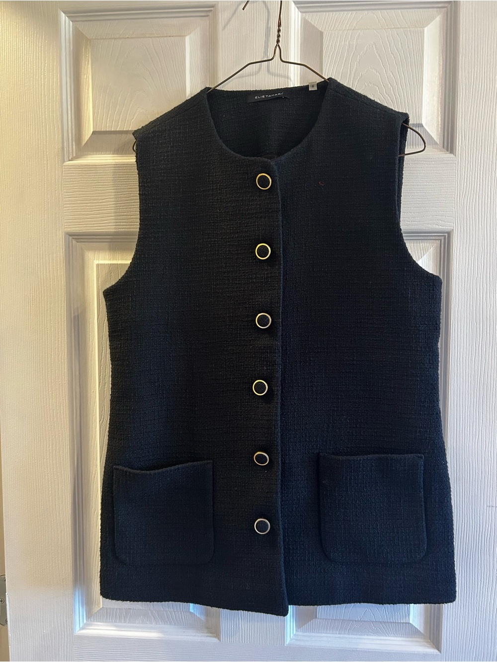 Elie Tahari Black Bouclé Vest with Gold Ring Button